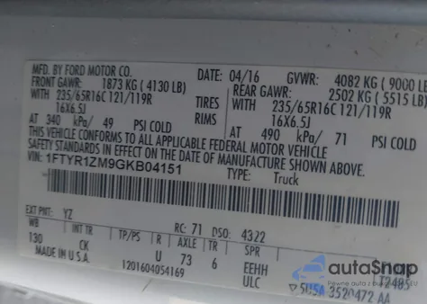 2016 Ford Transit-250 from USA, damaged, VIN 1FTYR1ZM9GKB04151